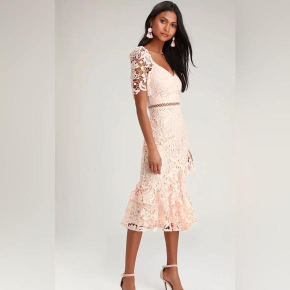 ❤️ Lulus Briarwood Blush Pink Lace Ruffled Midi Dress Brand New Never Been Worn - Picture 8 of 8